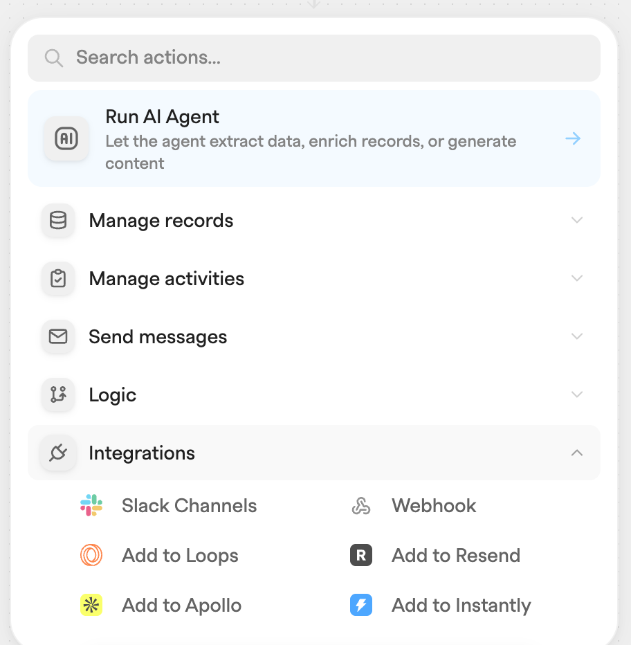 Agent action picker with a search field, a highlighted Run AI Agent action, collapsed action groups and an expanded Integrations list