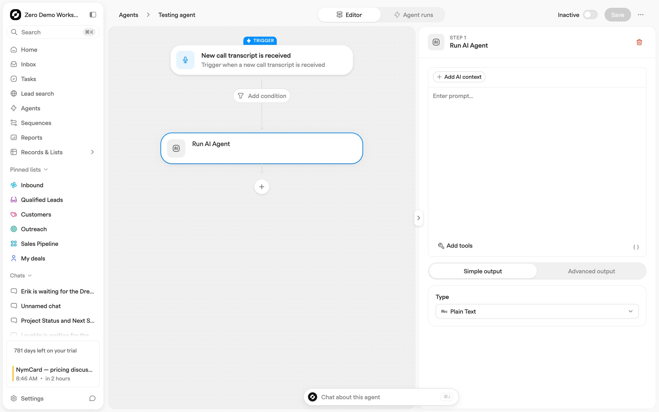 Agent builder with a trigger node, an Add condition step and a Run AI Agent action on the canvas, beside the step settings panel