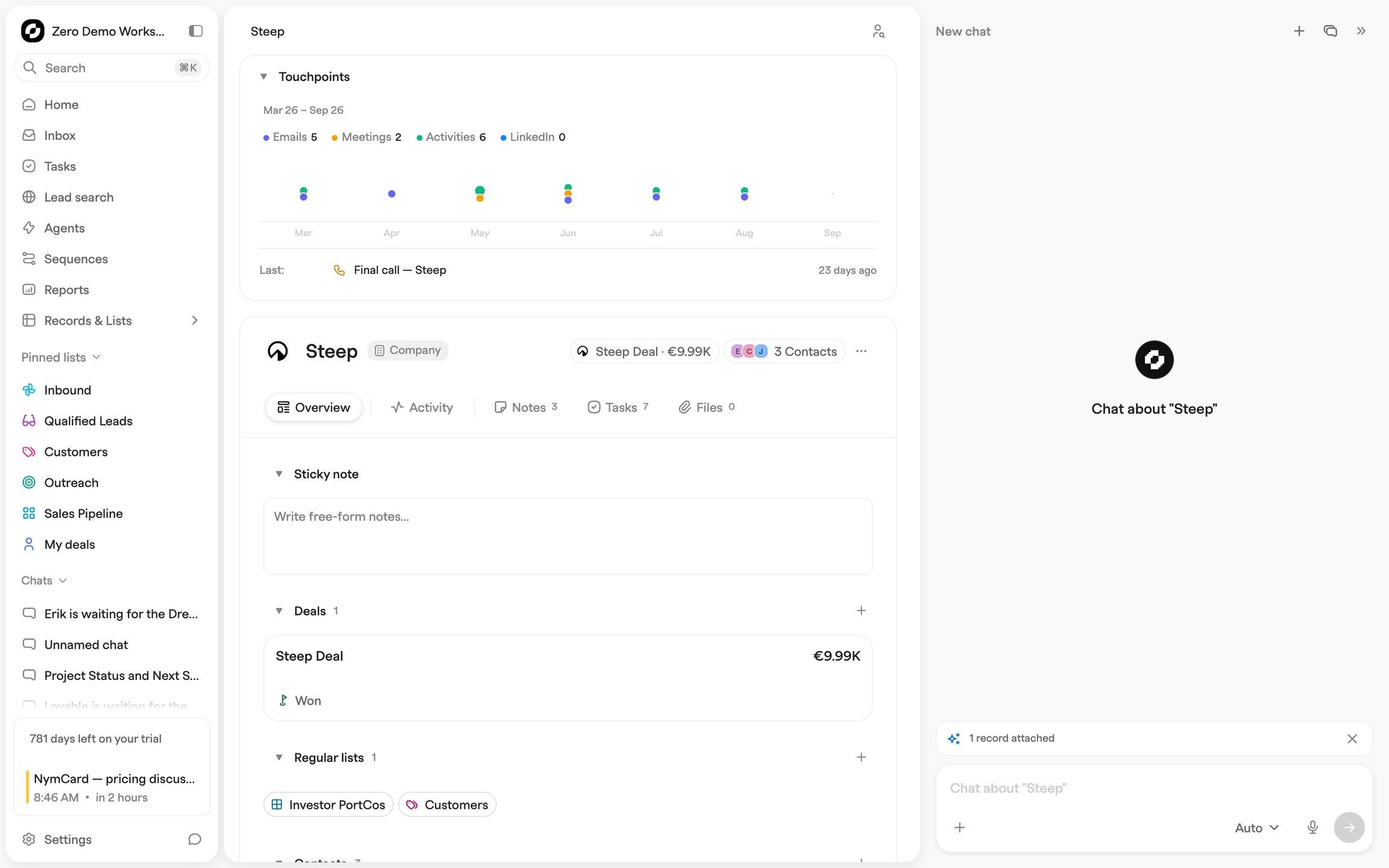 Record-scoped chat panel open beside a company record, showing an empty conversation, an attached-record pill and the composer