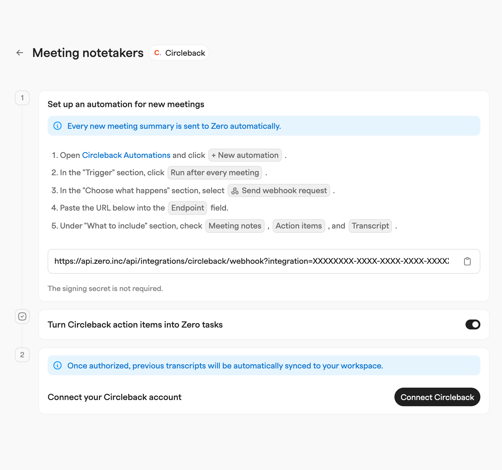 Circleback notetaker setup with numbered automation steps, a placeholder webhook URL, a task toggle and a connect button