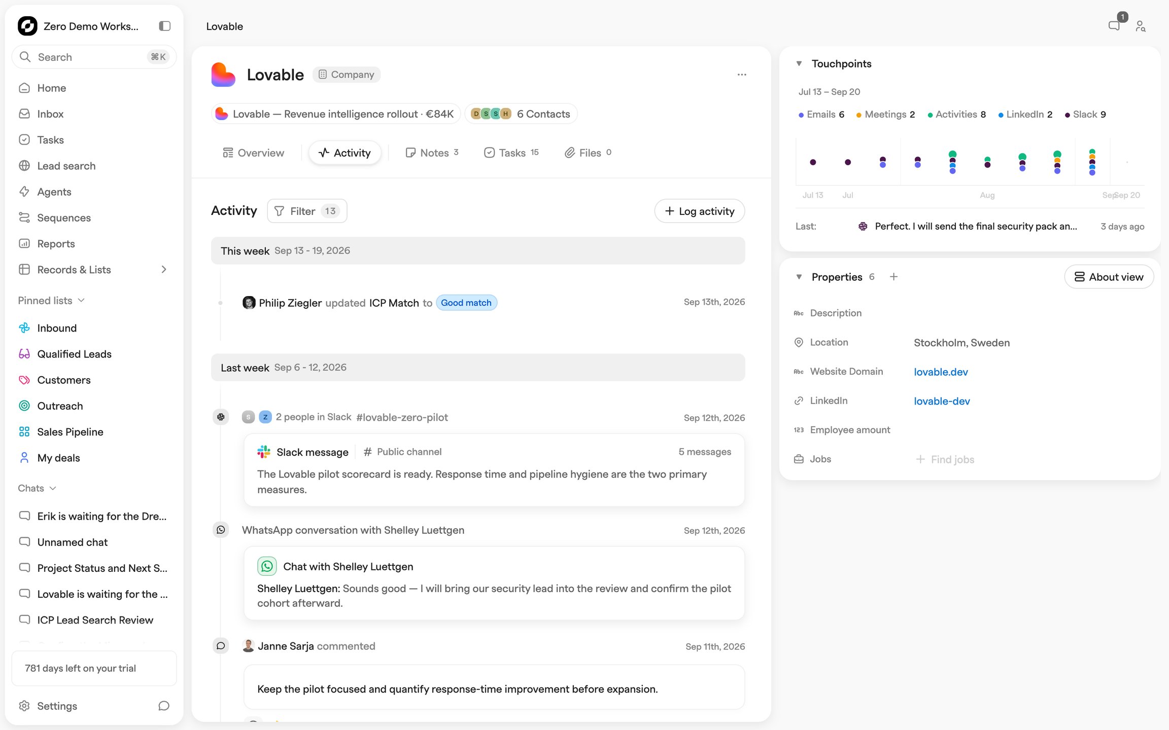 Activity tab of a record showing logged calls, an email thread and a field change grouped by month, with a Log activity button