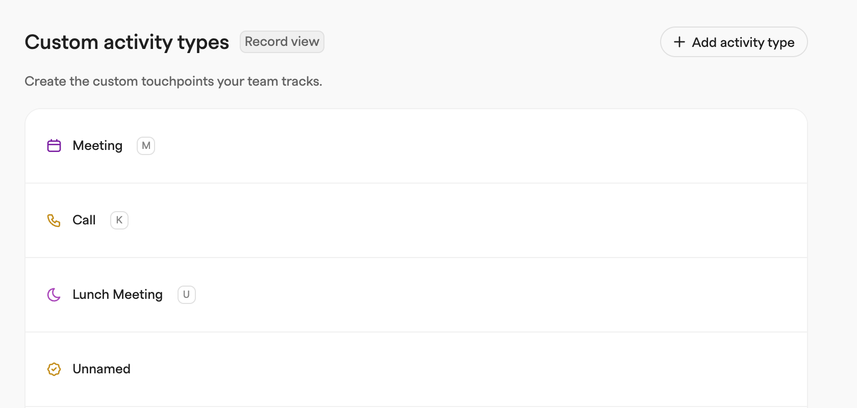 Custom activity types settings listing the workspace's activity types with their icons and keyboard shortcuts