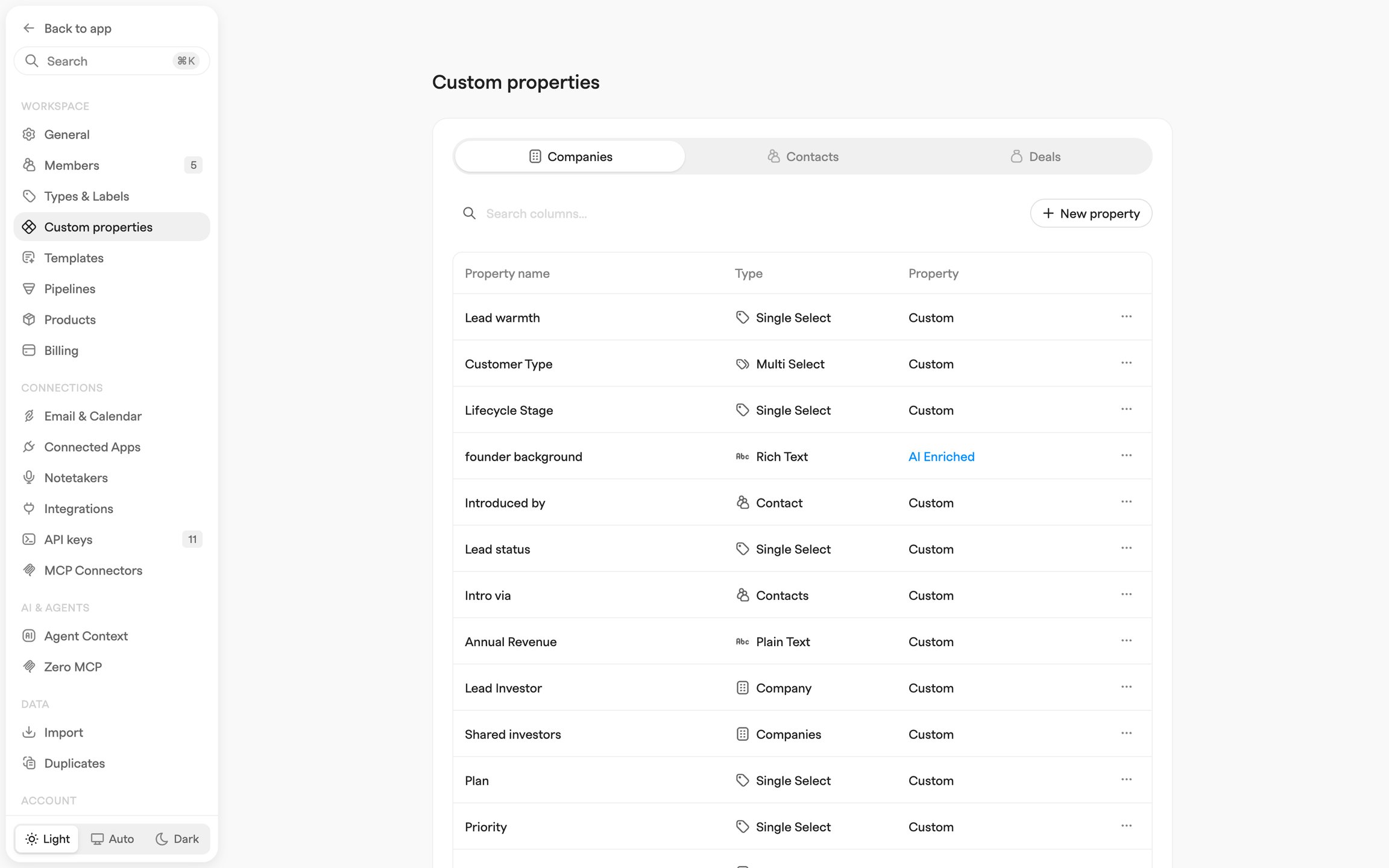 Custom properties settings on the Companies tab, listing property names with their field types and AI-enriched flags