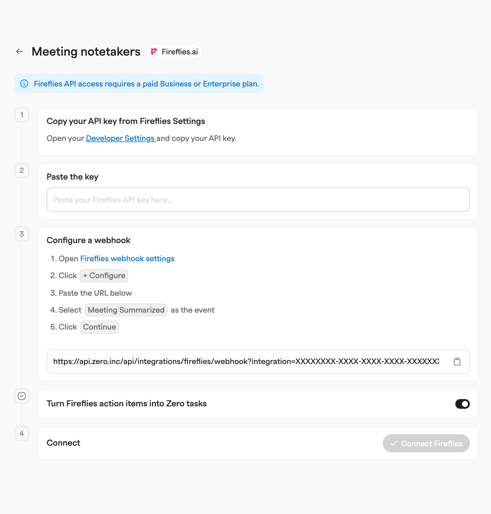 Fireflies notetaker setup with an empty API key field, webhook steps, a placeholder webhook URL and a connect button