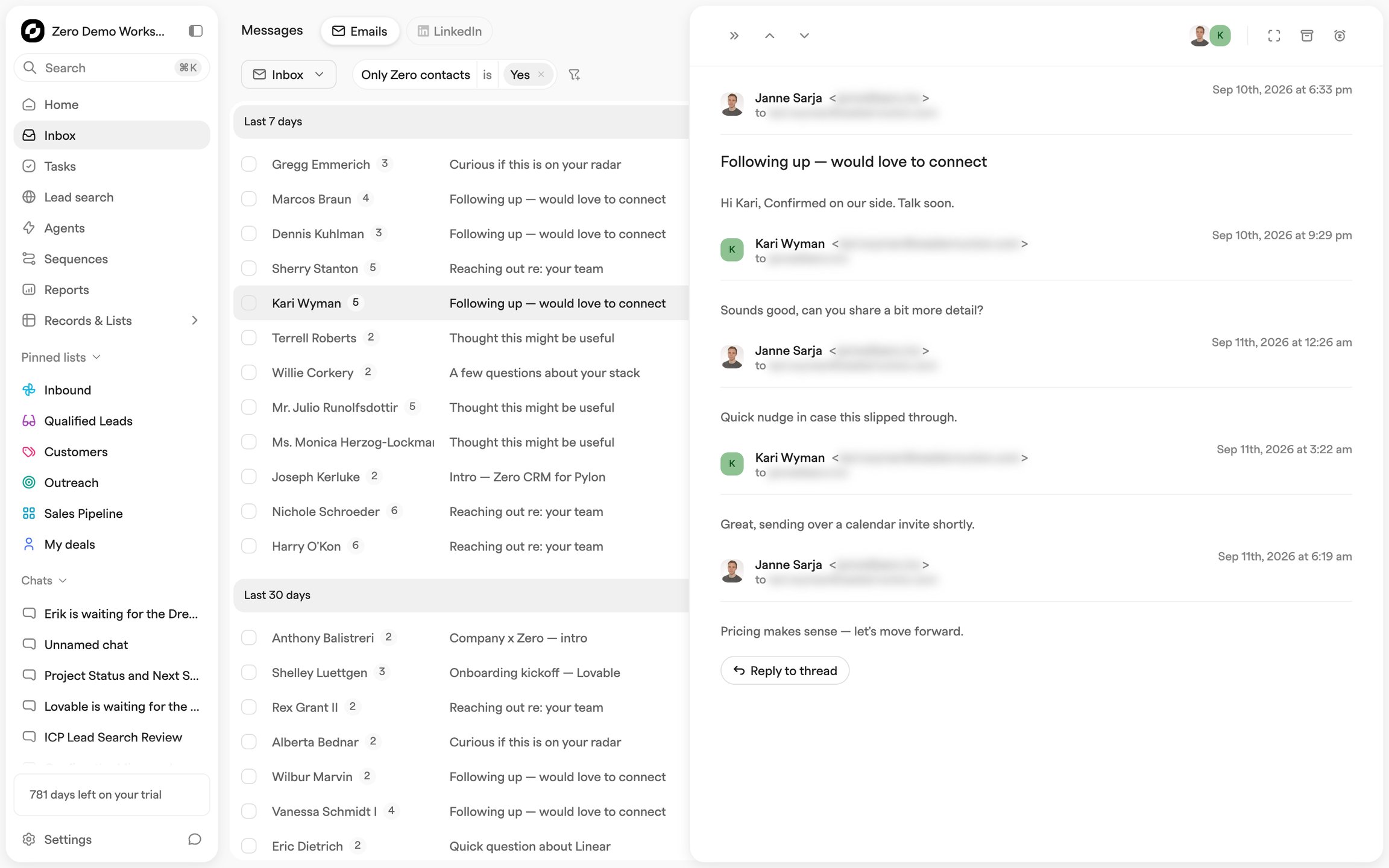 Email thread reading pane beside the message list, showing three messages in a conversation and an inline reply composer