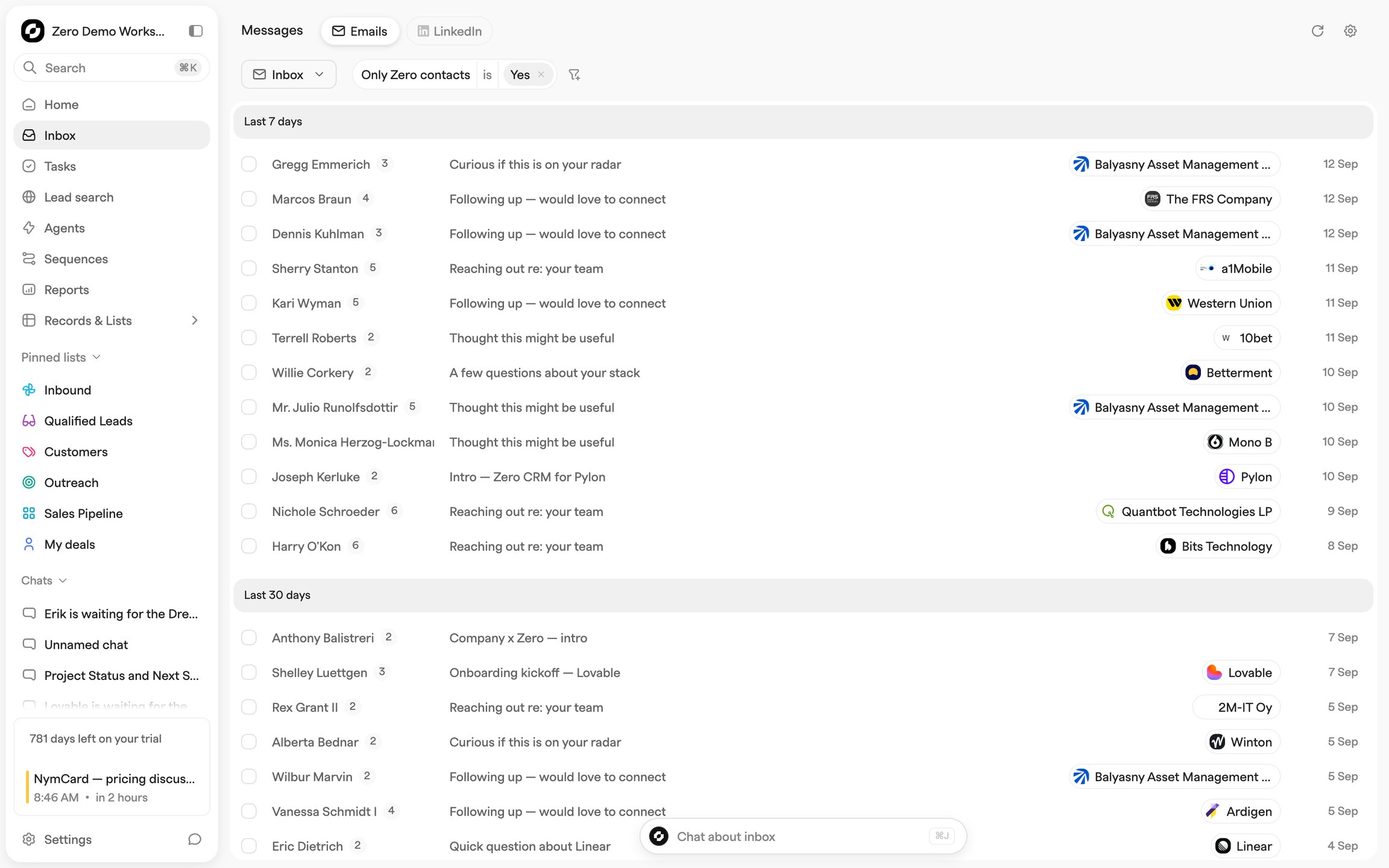 Inbox message list filtered to CRM contacts, grouped by Last 7 days and Last 30 days, with sender, subject and linked company columns