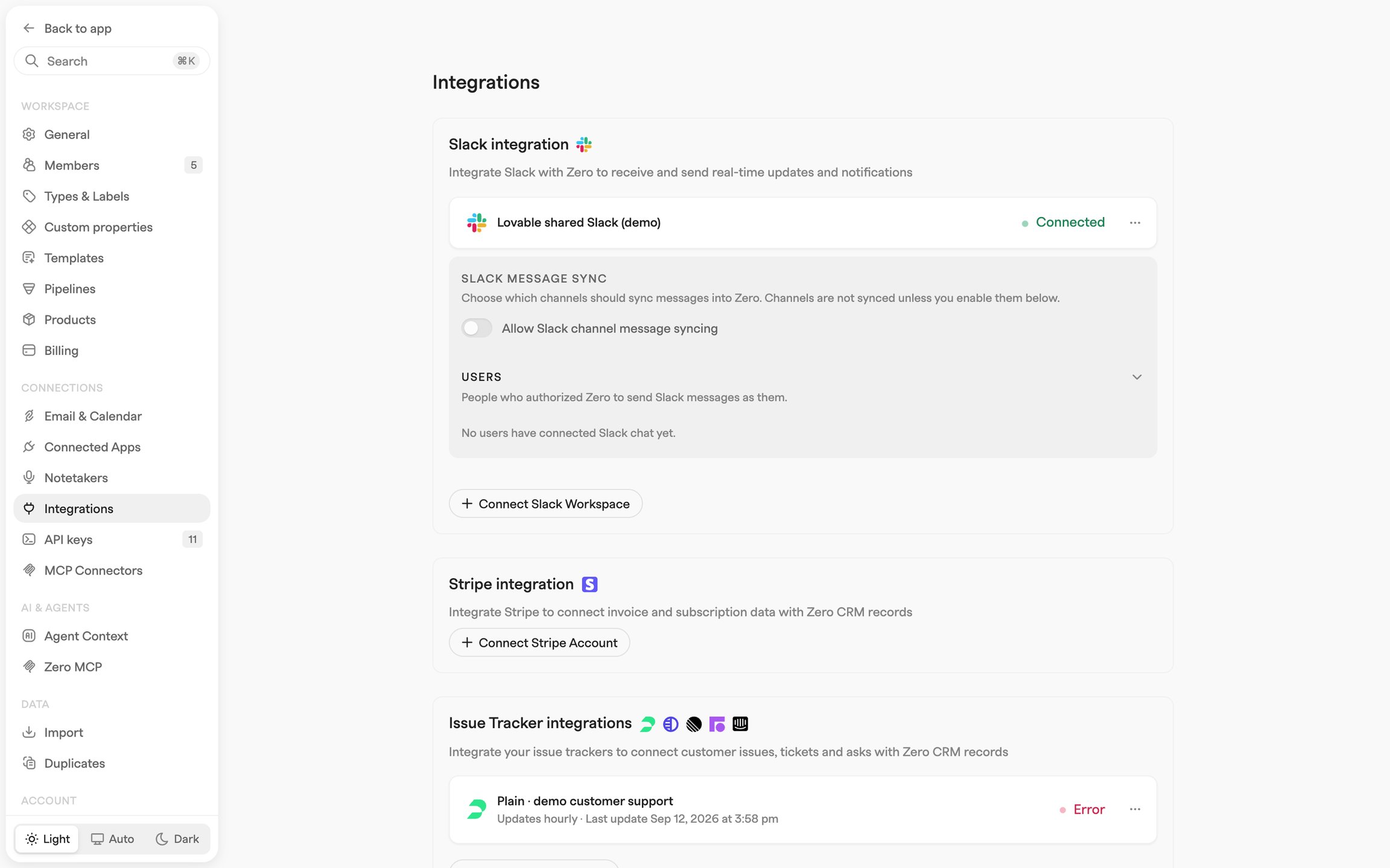 Workspace Integrations settings showing the Slack, Stripe and issue tracker sections with their connection states