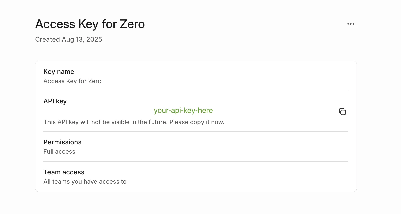 Linear access key details showing the API key, copy-it-now notice and Permissions