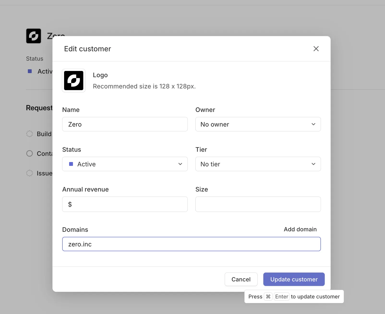 Linear Edit customer modal with a domain entered in the Domains field