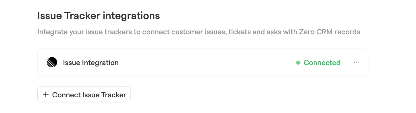 Issue Tracker integrations list showing a Linear Issue Integration with Connected status