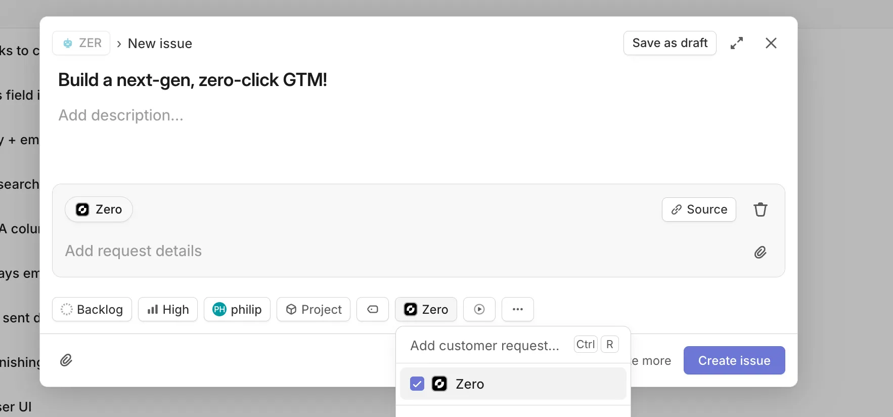 Linear New issue dialog with the Add customer request dropdown selecting a customer