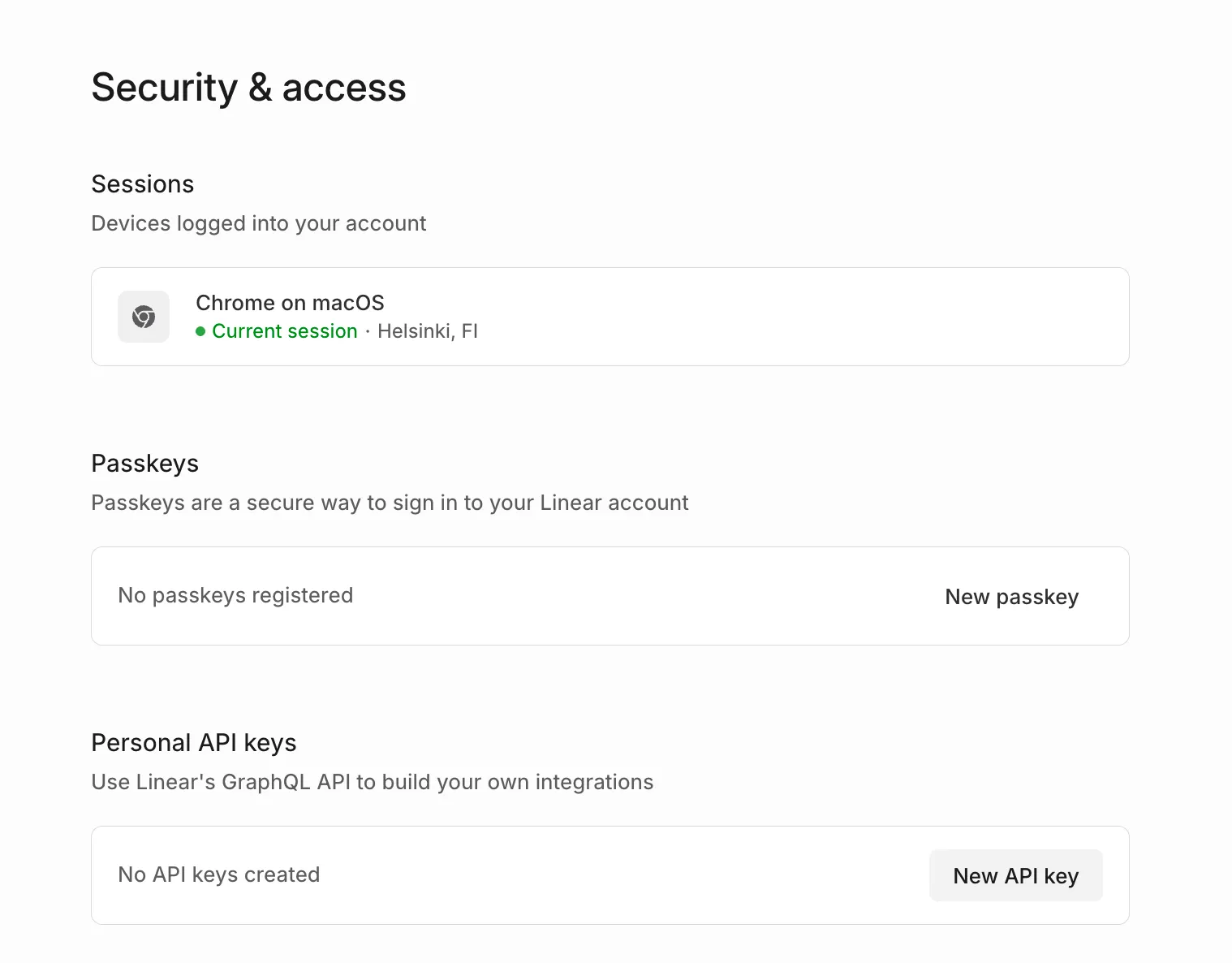 Linear Security & access settings page with the Personal API keys section and New API key button