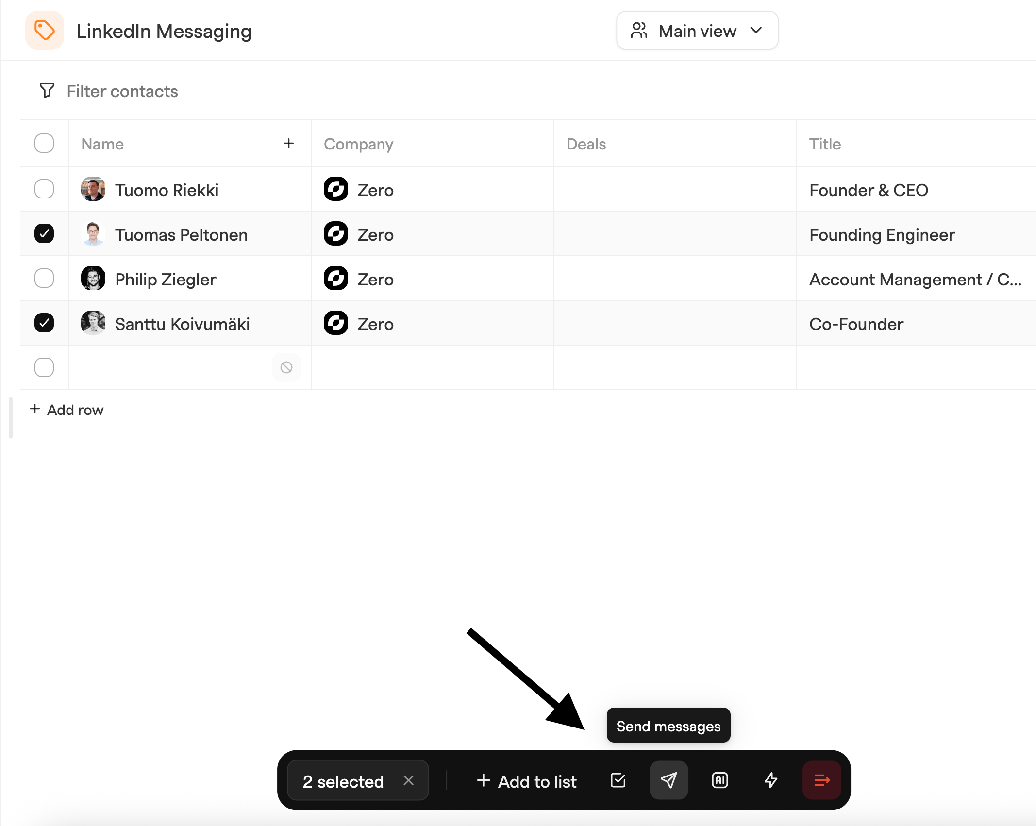 Contacts list with two rows selected and the Send messages icon on the bottom bar