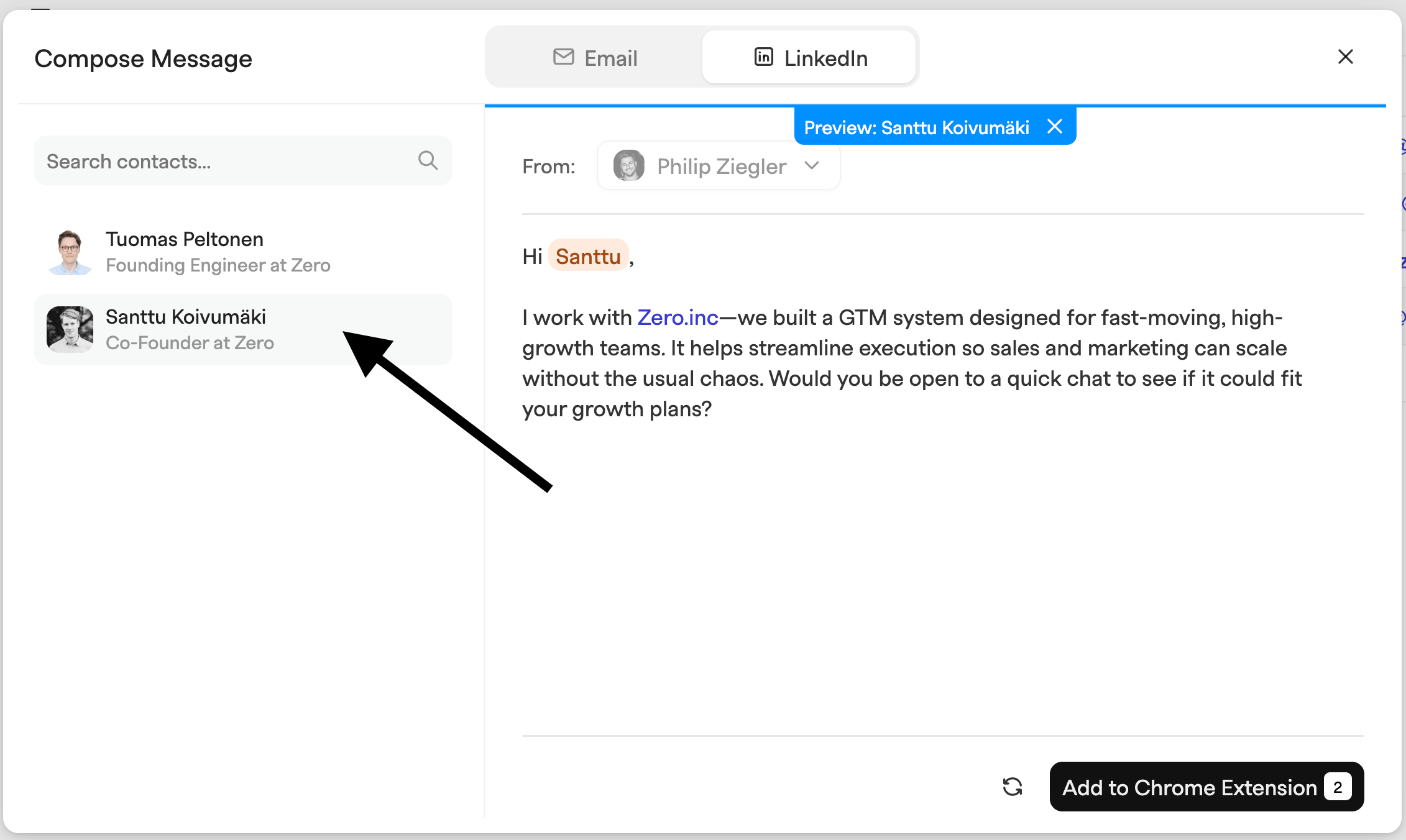 Compose message dialog previewing the personalized message for a selected contact