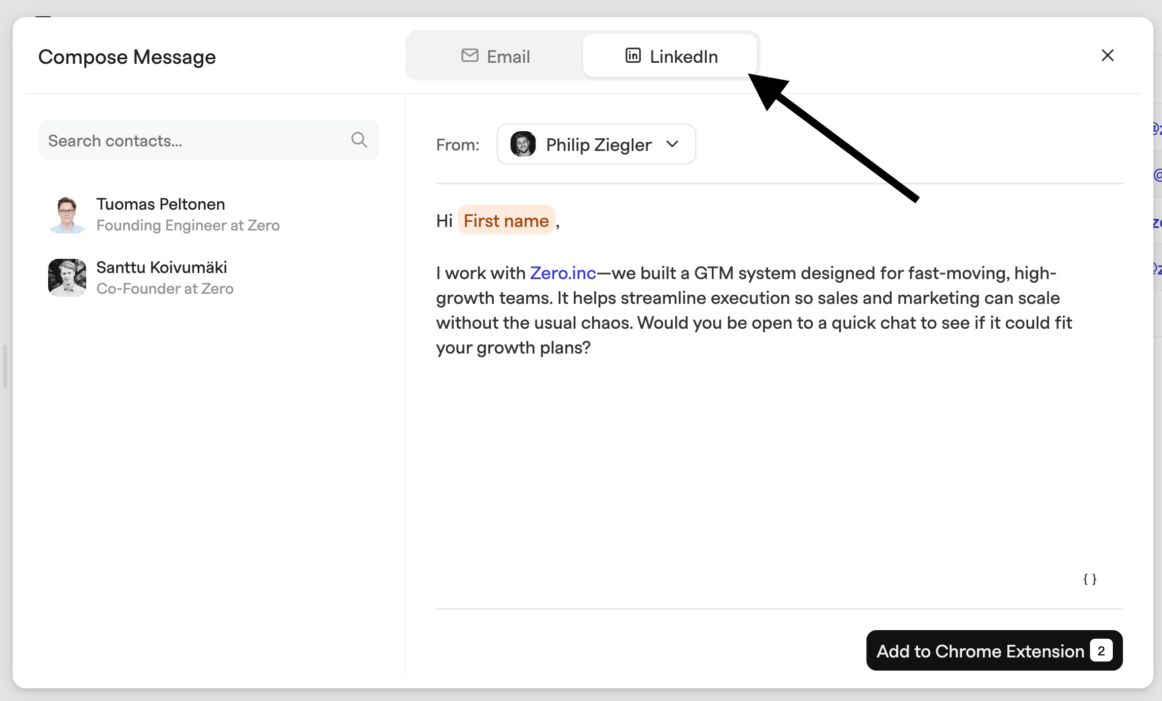 Compose message dialog with the LinkedIn tab selected, a sender picker and a First name variable in the template
