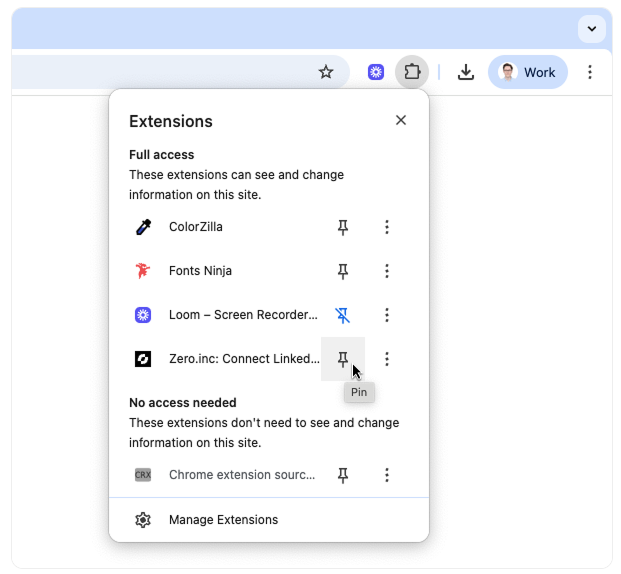 Chrome Extensions menu with the Pin icon hovered next to the Zero.inc extension