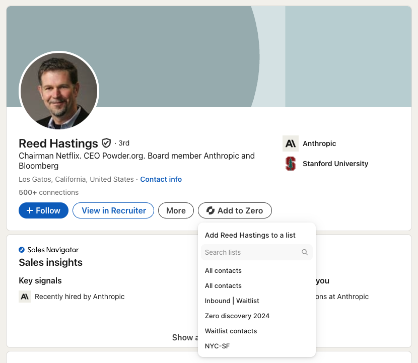 LinkedIn profile with the Add to Zero button open, showing a list picker