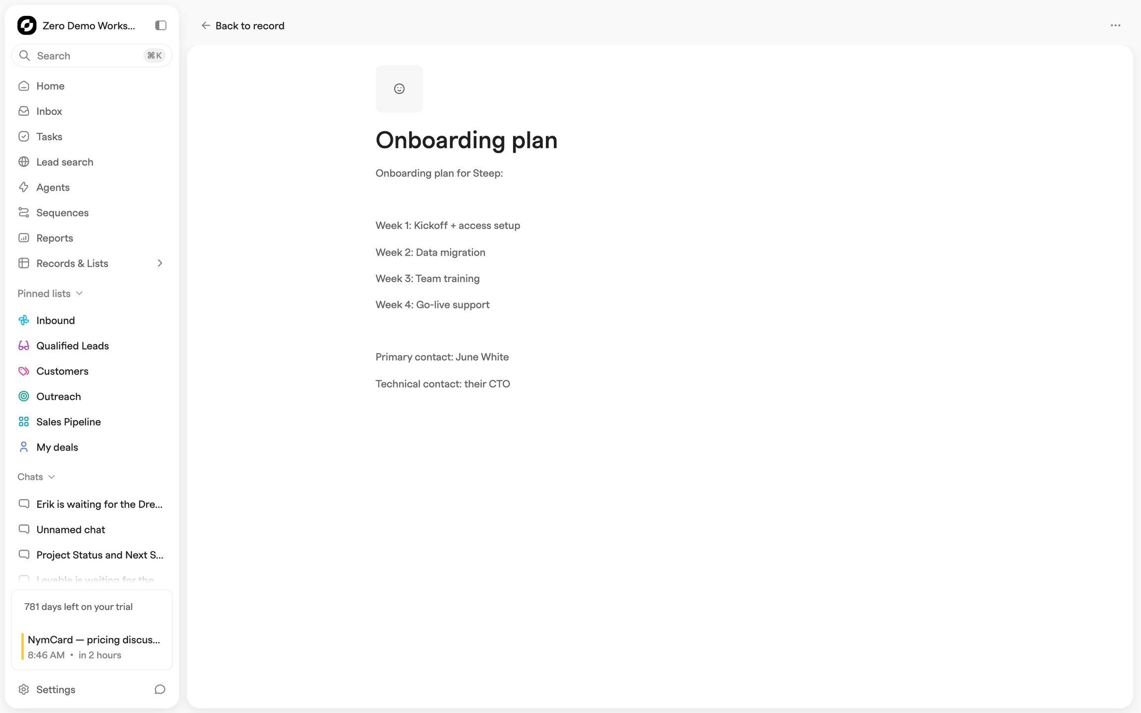 Note editor showing a note title, an icon placeholder and a short plain-text body, opened from a record