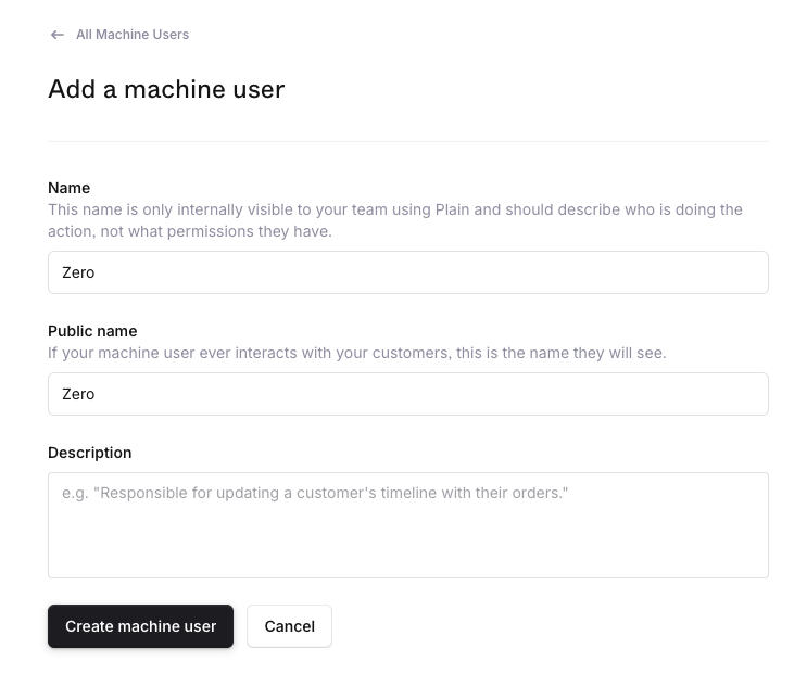 Plain Add a machine user form with Name and Public name set to Zero