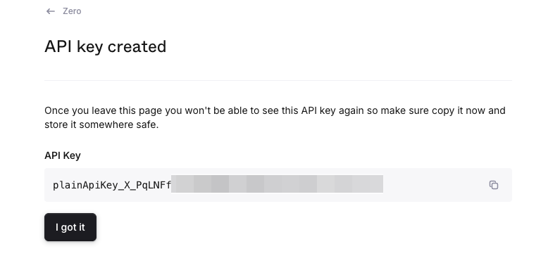 Plain API key created page showing the generated key with a copy button and I got it