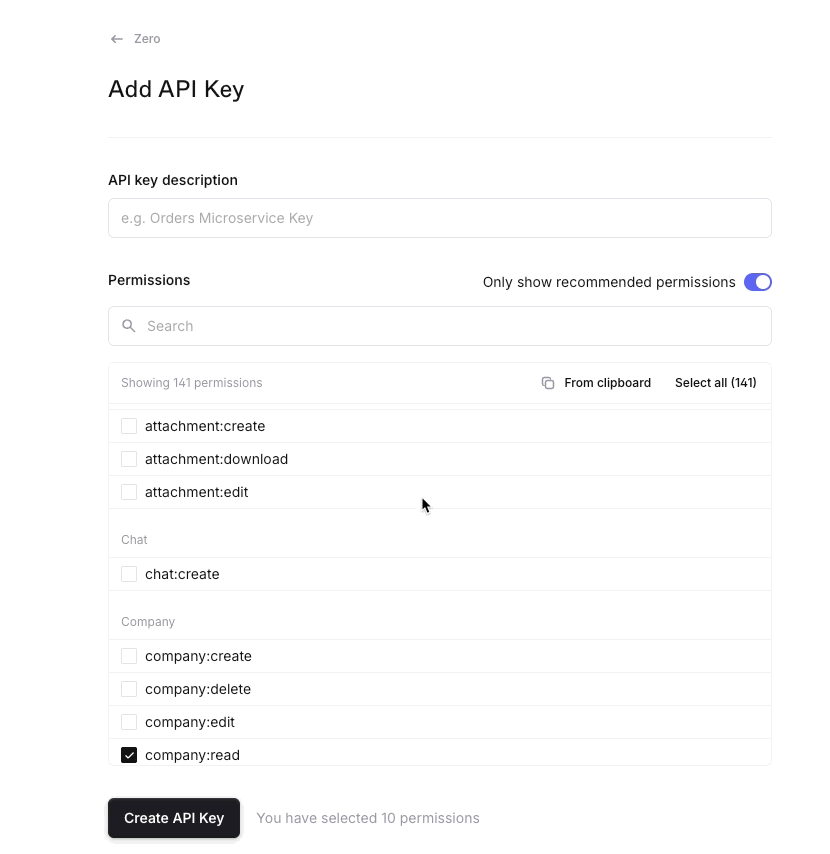 Plain Add API Key form with permissions list, From clipboard option, and Create API Key button