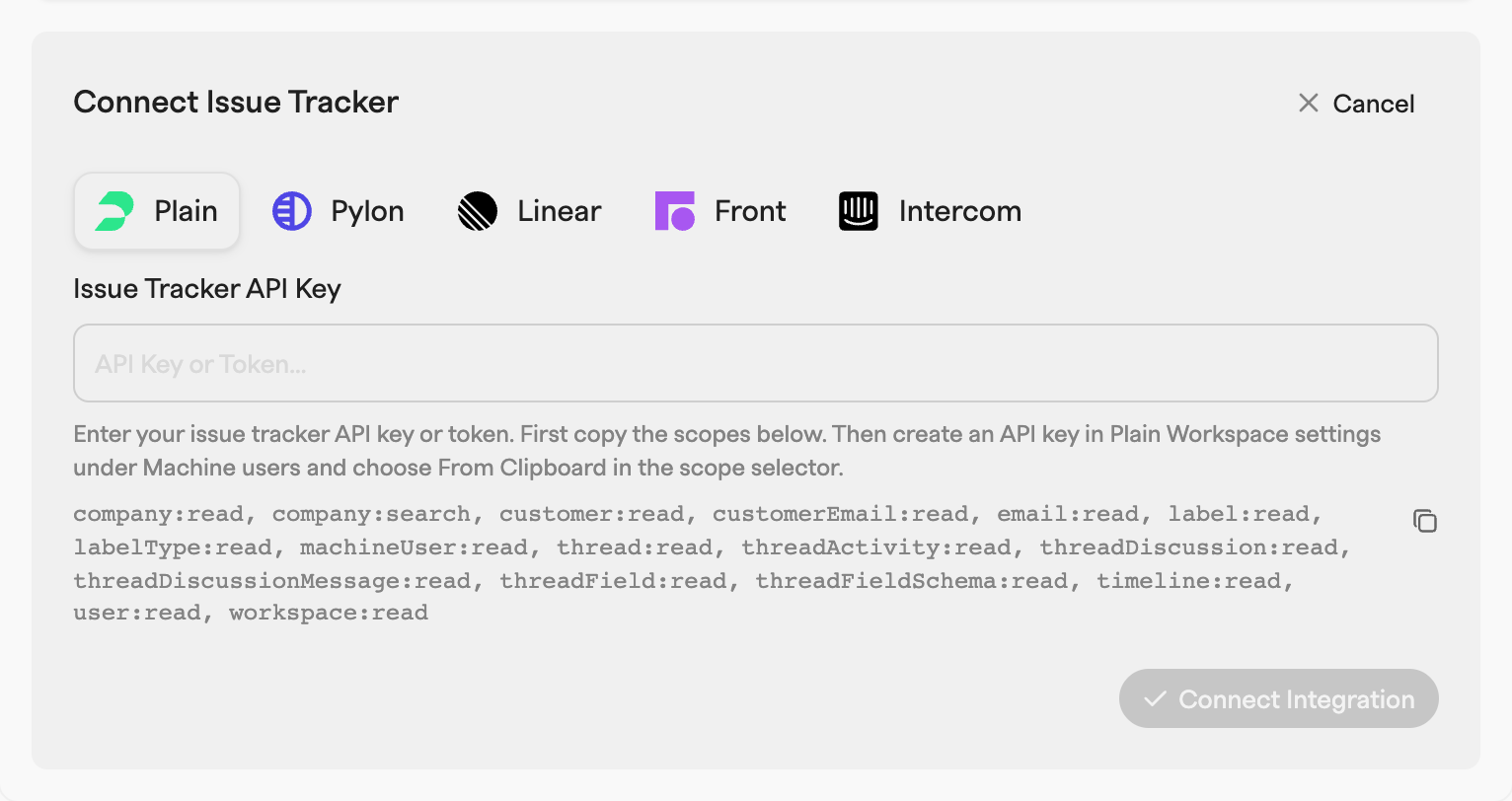 Connect Issue Tracker dialog with Plain selected, an empty API key field and the list of read scopes to copy