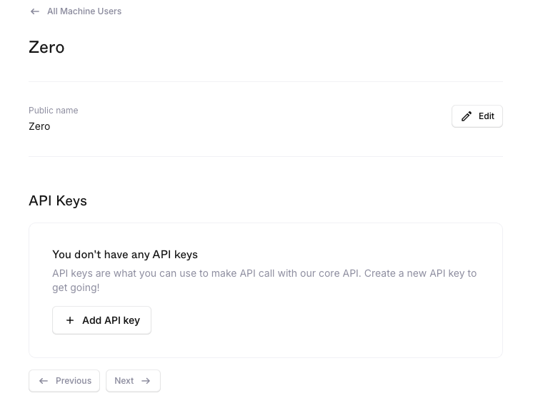 Machine user detail page in Plain with an empty API Keys section and Add API key button