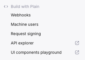 Plain settings sidebar under Build with Plain showing the Machine users menu item