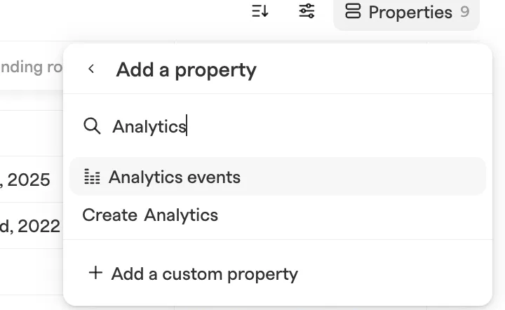 Add a property panel with Analytics typed in search and Analytics events highlighted