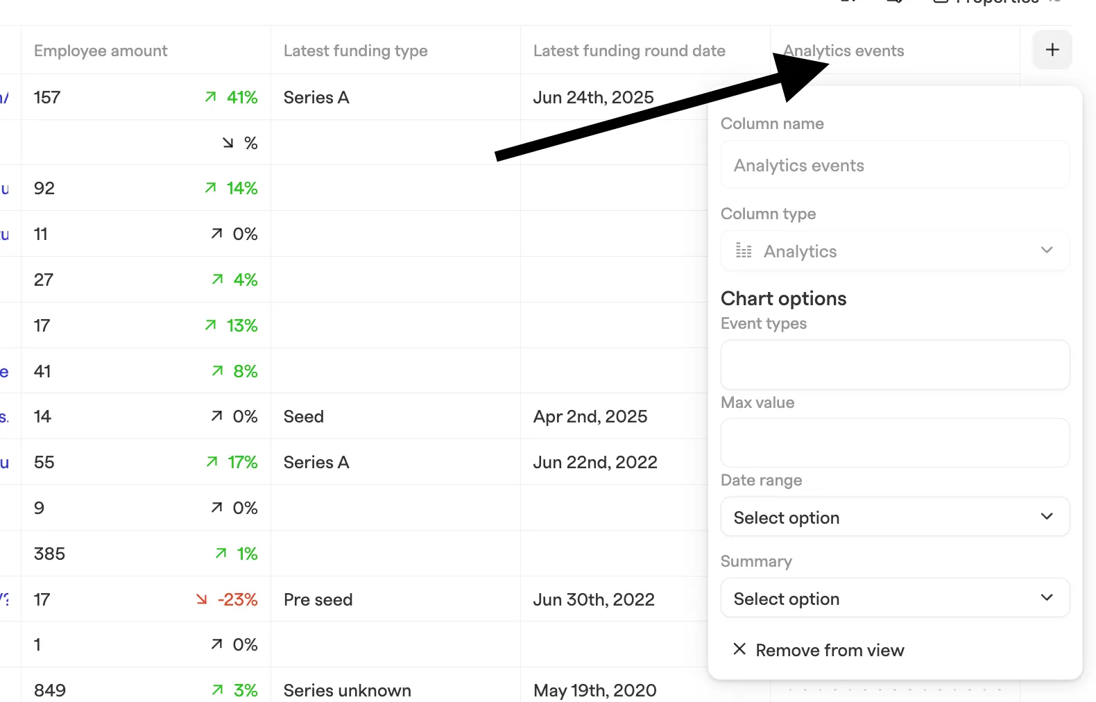 Analytics events column settings showing Chart options for Event types, Max value, Date range, and Summary
