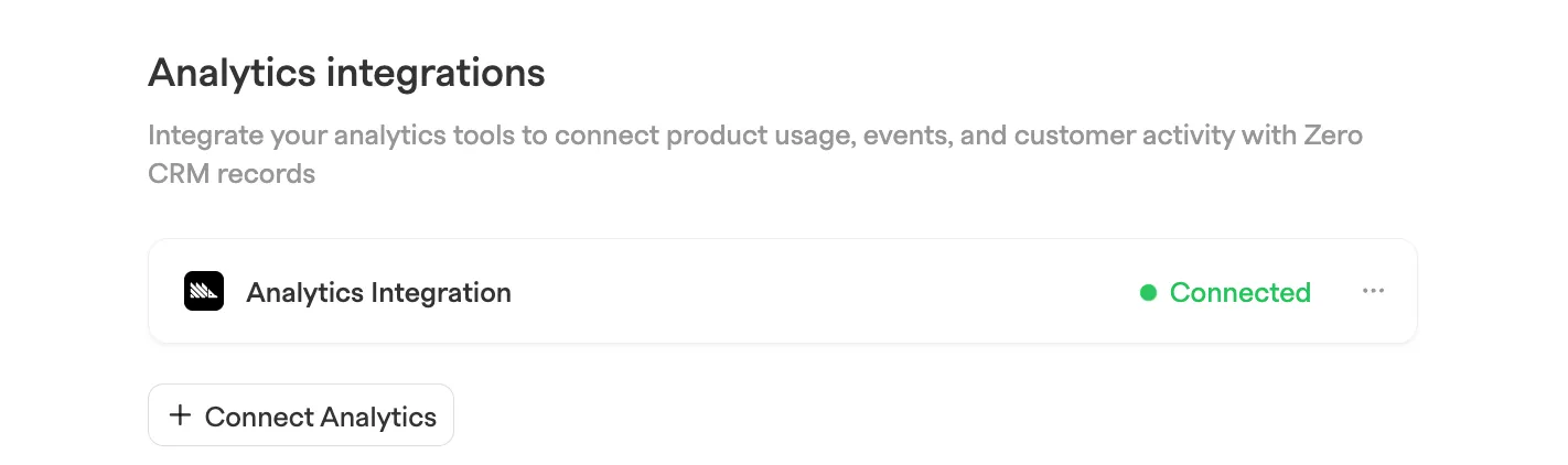 Analytics integrations section showing an Analytics Integration row with a green Connected status