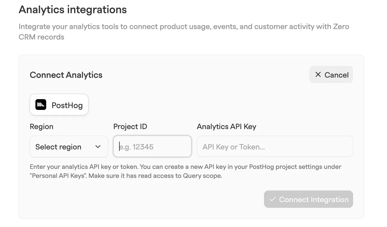 Connect Analytics form with PostHog selected and Region, Project ID, and Analytics API Key fields