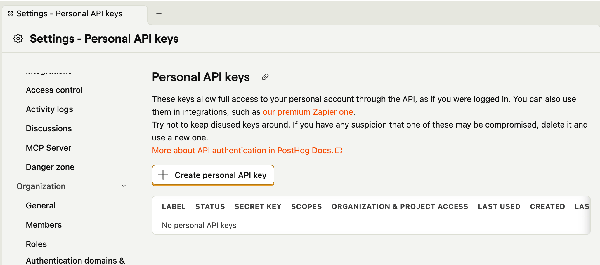 PostHog Settings page for Personal API keys with the Create personal API key button