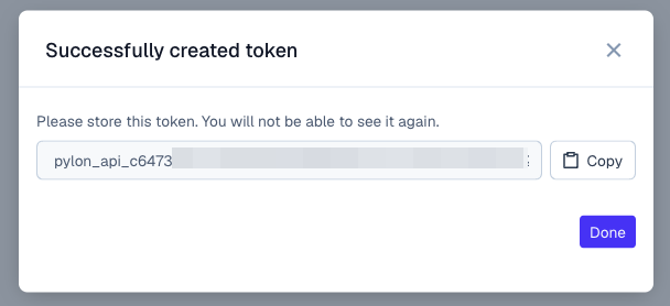 Pylon Successfully created token dialog showing the new token with a Copy button