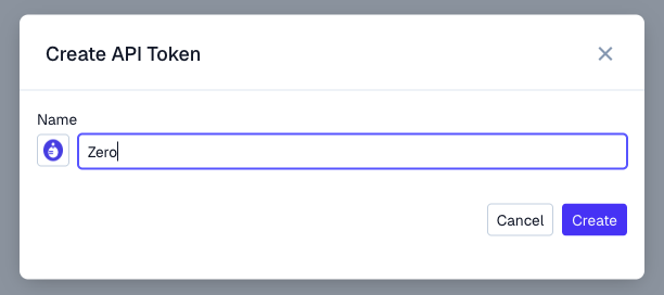 Pylon Create API Token dialog with Name set to Zero and a Create button