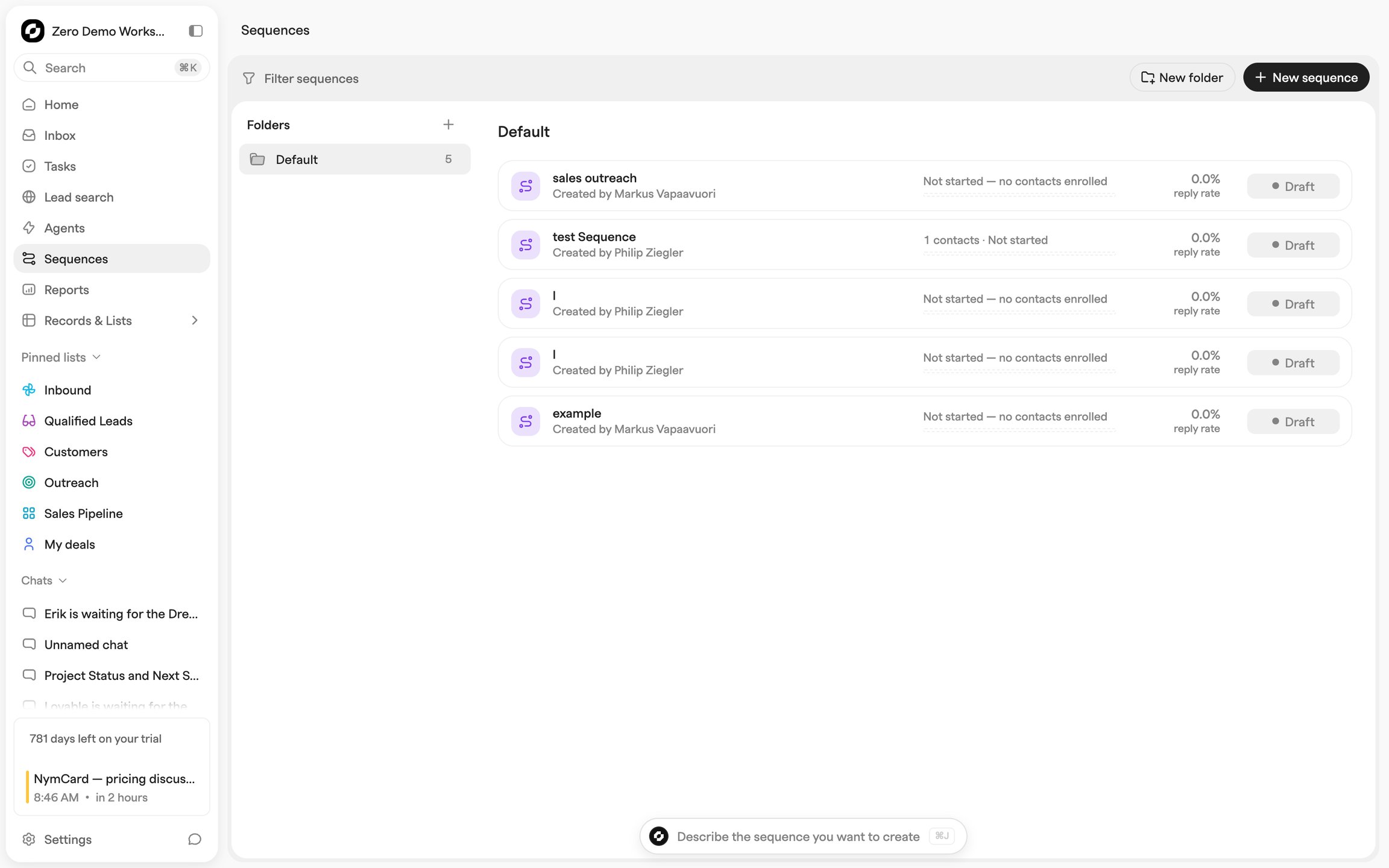 Sequences index with a folder sidebar and five draft sequences, each showing enrolment status and reply rate