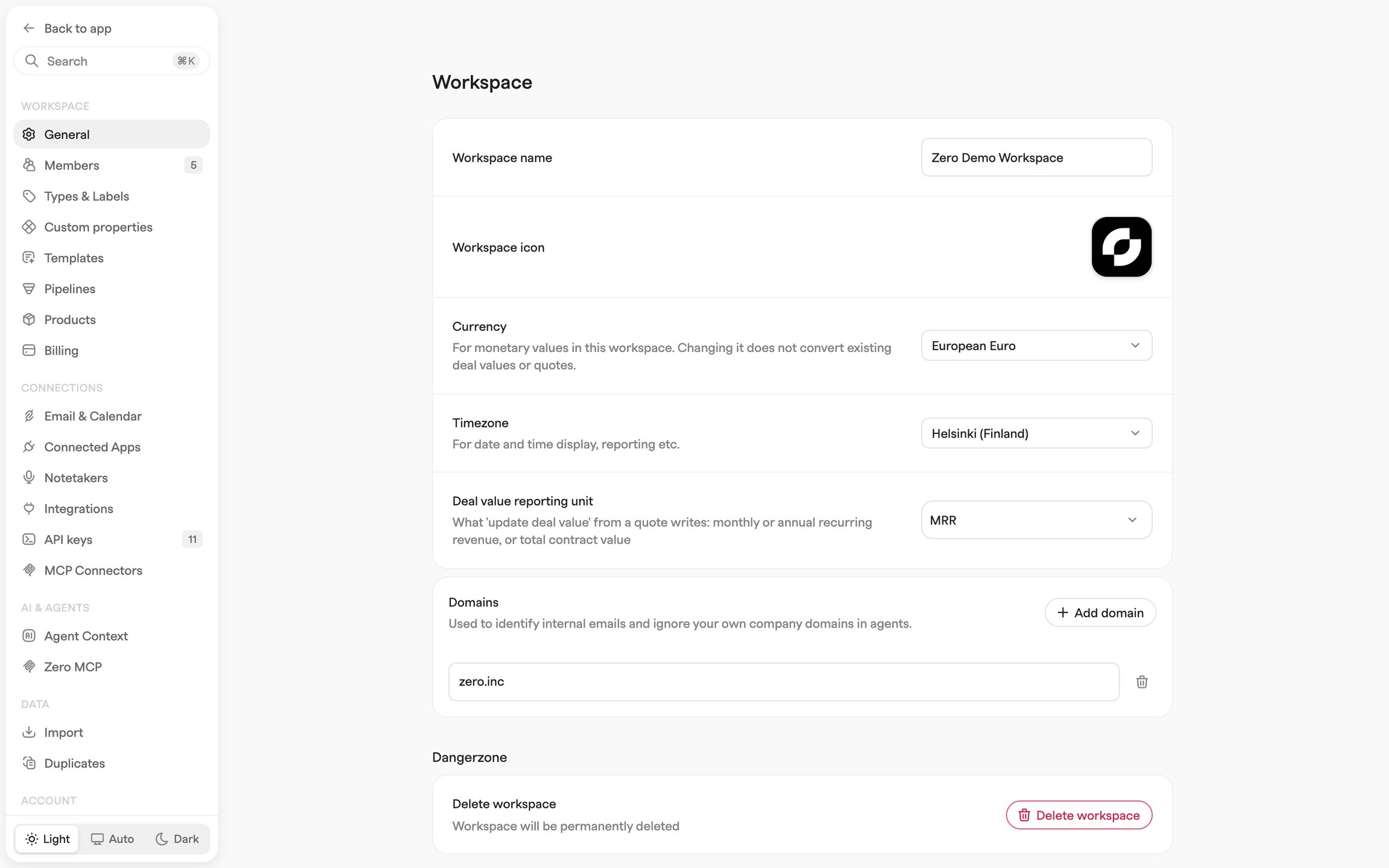 Settings sidebar with the Workspace, Connections, AI & Agents, Data and Account sections, beside the workspace general page