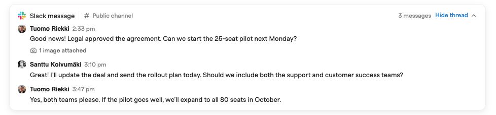 An expanded Slack conversation in a Zero activity timeline