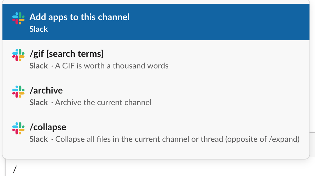 Slack slash-command menu with Add apps to this channel highlighted