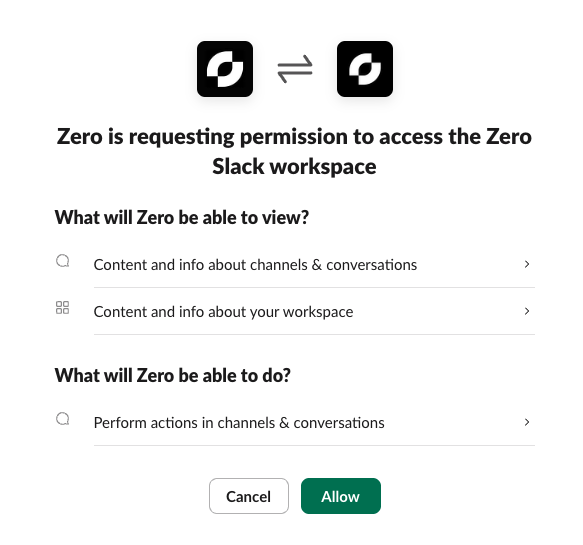 Slack permission screen listing what Zero can view and do, with Cancel and Allow buttons