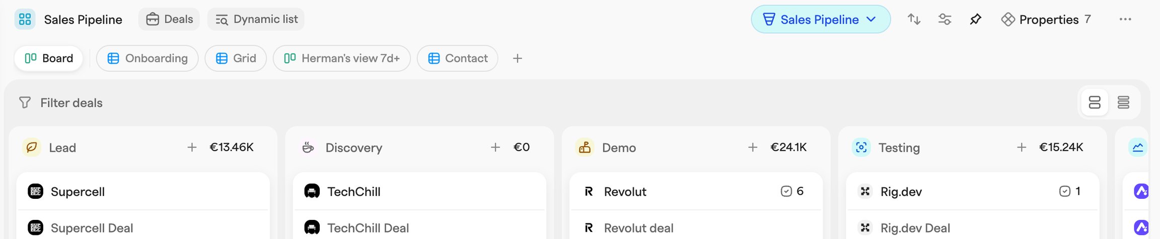 View switcher on a list page, with Board and Grid view tabs above the filter bar of a deal pipeline