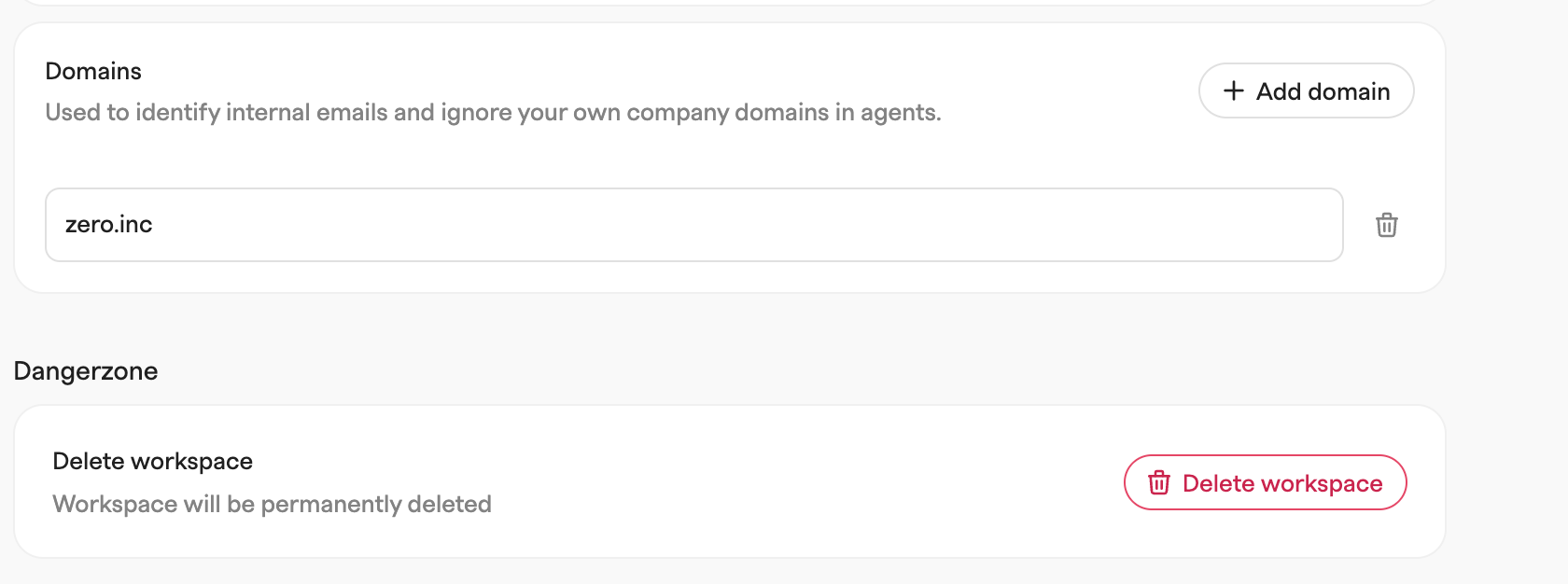 Workspace general settings with name, icon, currency, timezone, deal value unit and the Domains section below